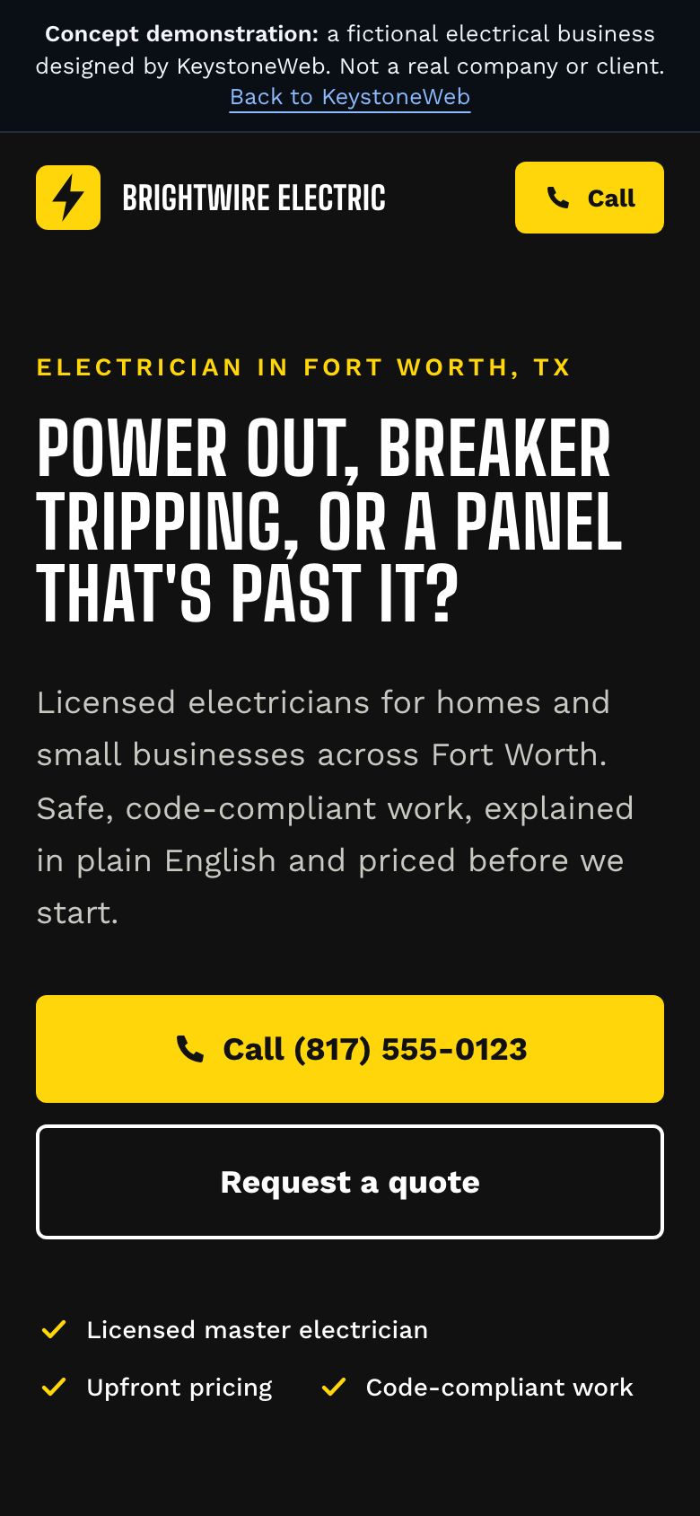 Phone view of the Brightwire Electric concept site
