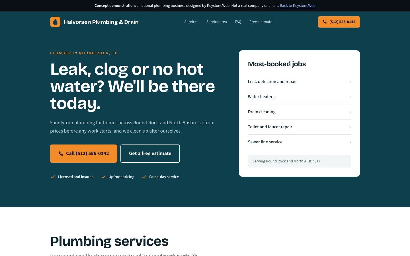 Desktop view of the Halvorsen Plumbing & Drain concept site