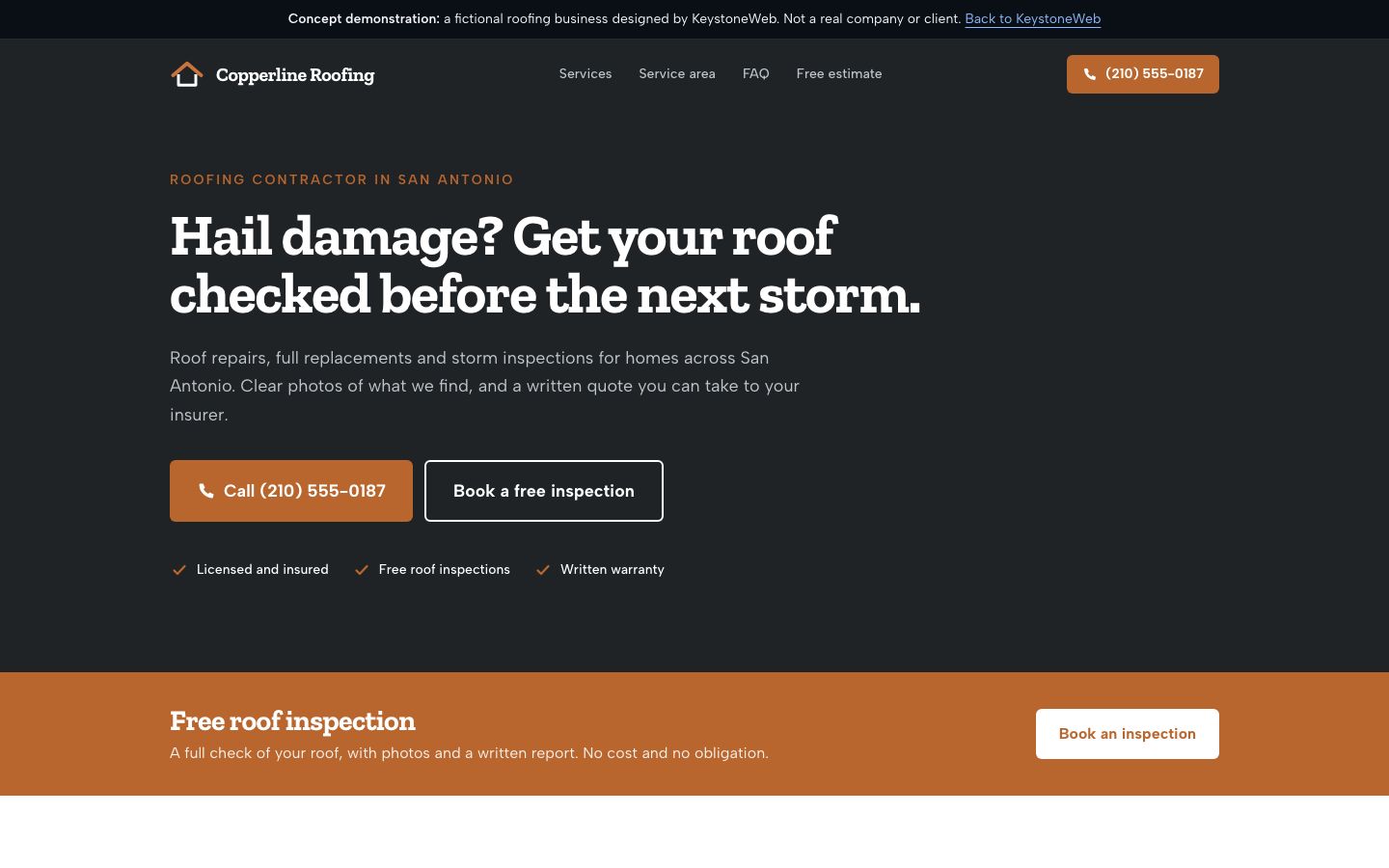 Desktop view of the Copperline Roofing concept site